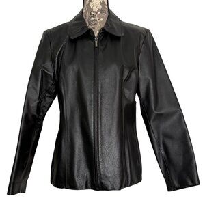 Worthington Black Genuine Leather Zip Front Collar Blazer Jacket Womens Large